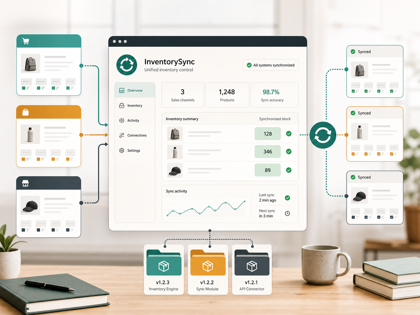 InventorySync 三平台 API 同步與庫存核心概念圖