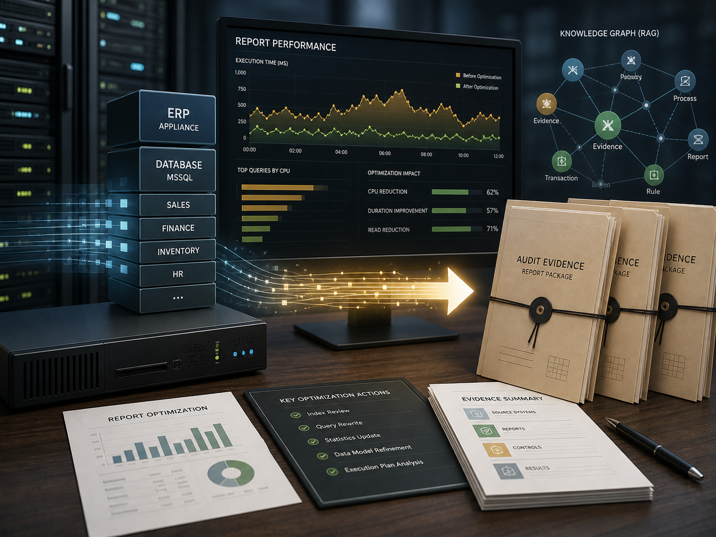 KentERP、SMAGE 與 SITI 企業資料庫、報表效能與佐證文件概念圖