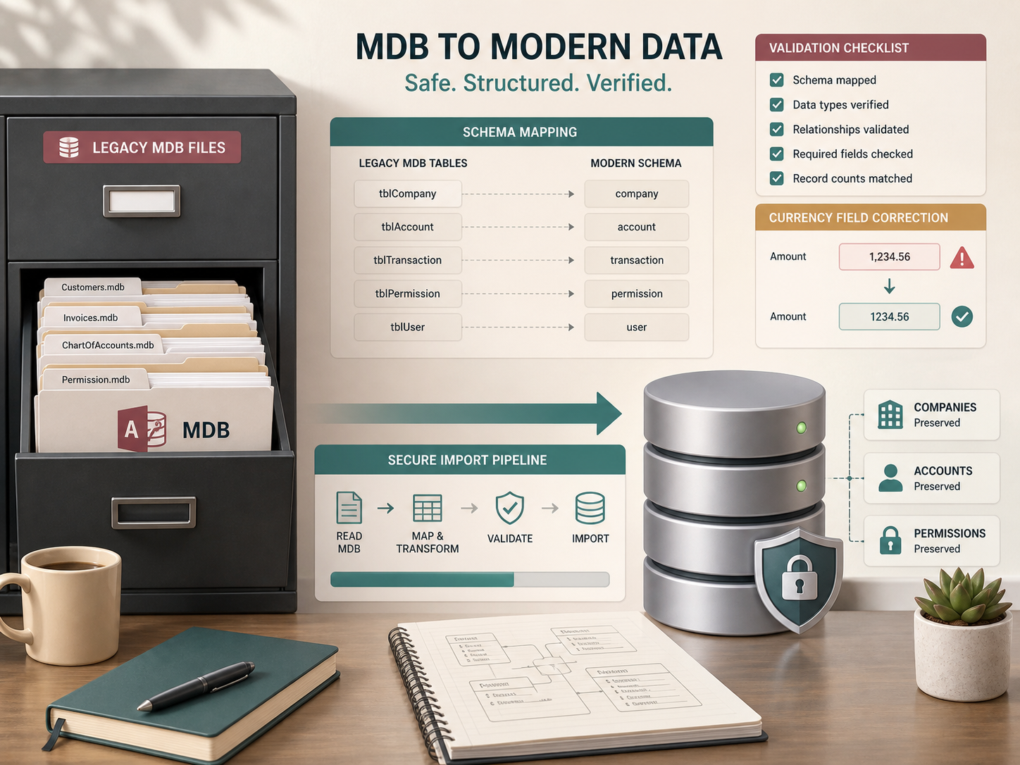 ACCESS TO SQL MDB 安全匯錄、schema 映射與資料保留概念圖